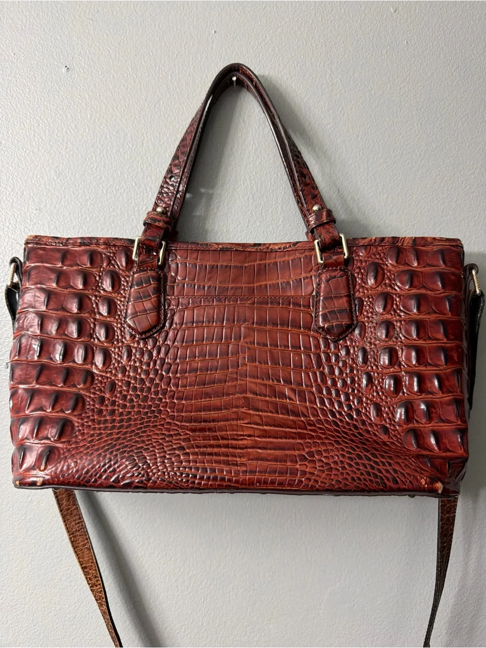 Brahmin Mini Asher Satchel in Pecan Melbourne leather, featuring a textured croc